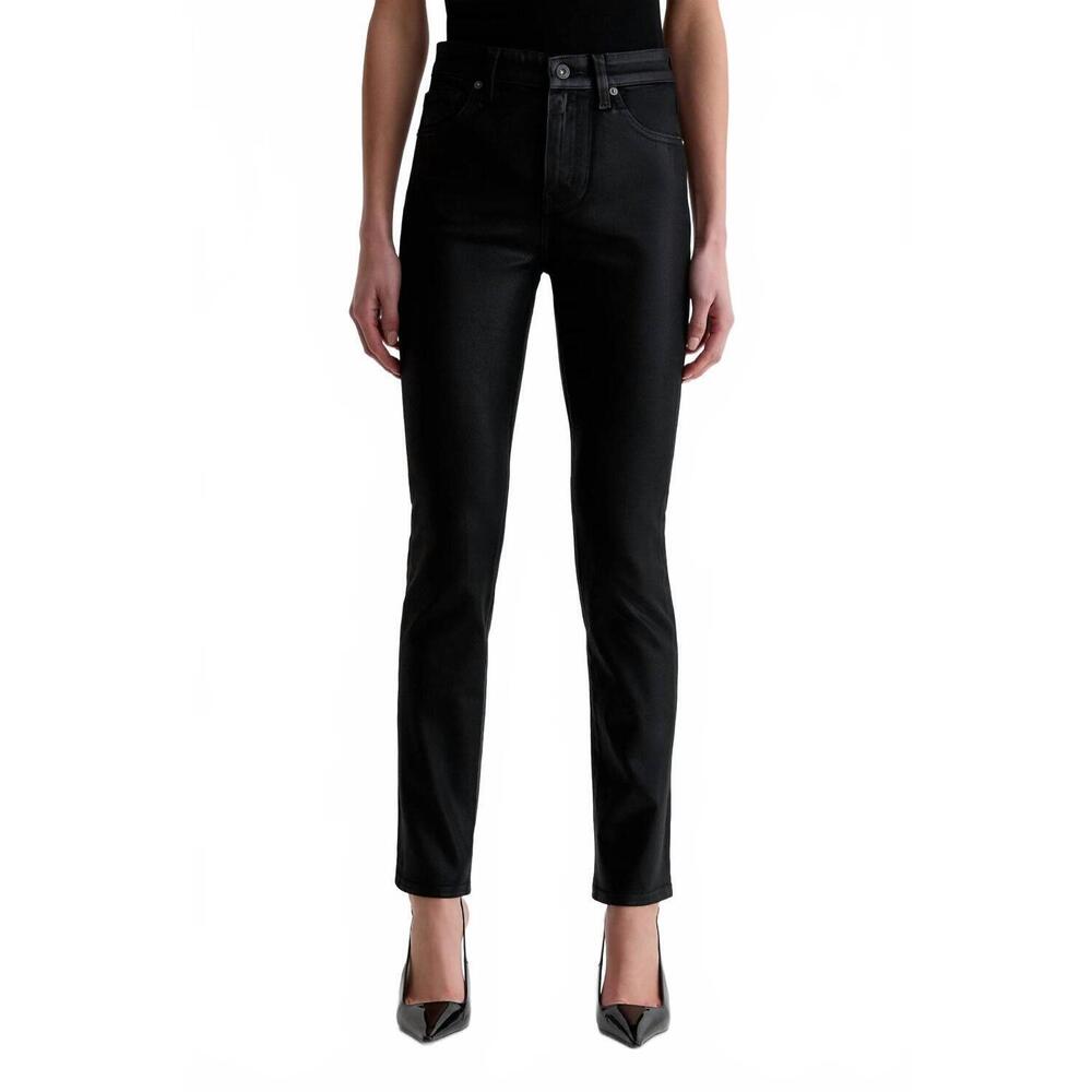 NEW AG JEANS mari mid rise slim straight jeans in leatherette super black